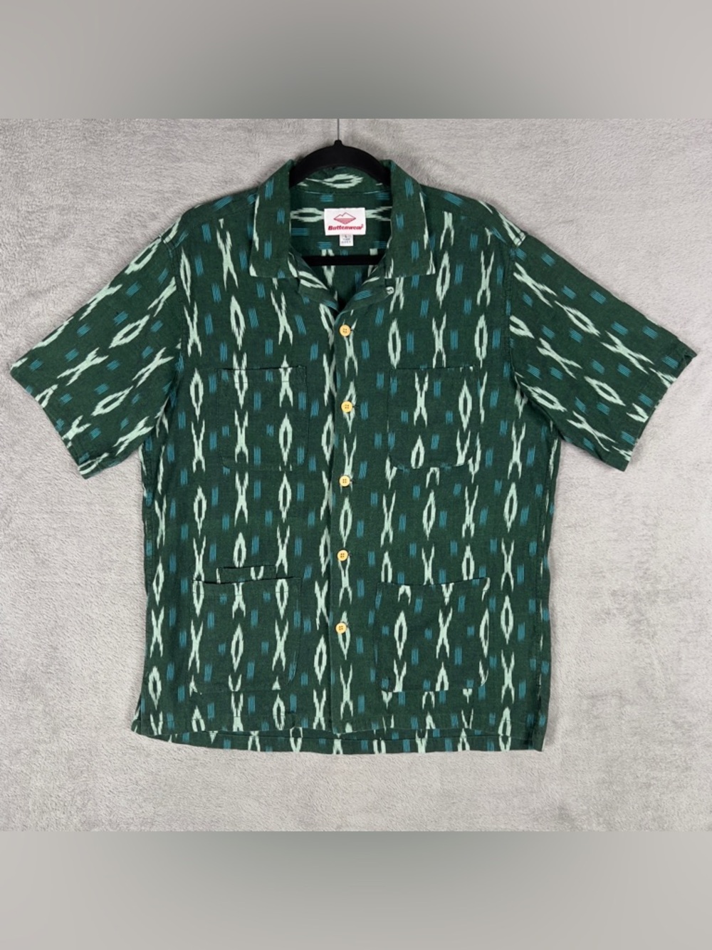 Battenwear 5 Pocket Island Shirt Men's Large Green Ikat 100% Cotton Made In USA